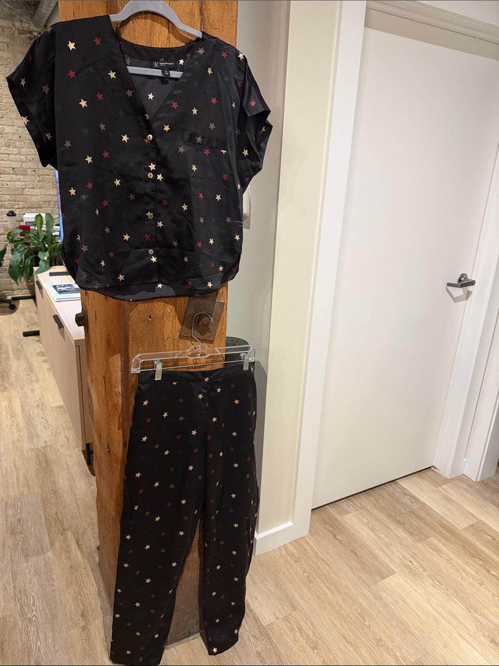 INC International Concepts Black Star-Print Straight Leg Pants & Top Set